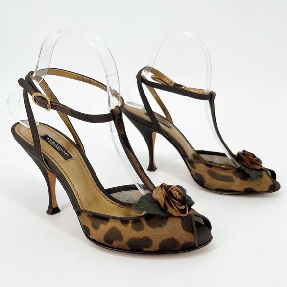 Dolce & Gabbana Leopard Print Floral T-Strap Peep Toe Heeled Sandals IT 37.5 - Picture 1 of 11